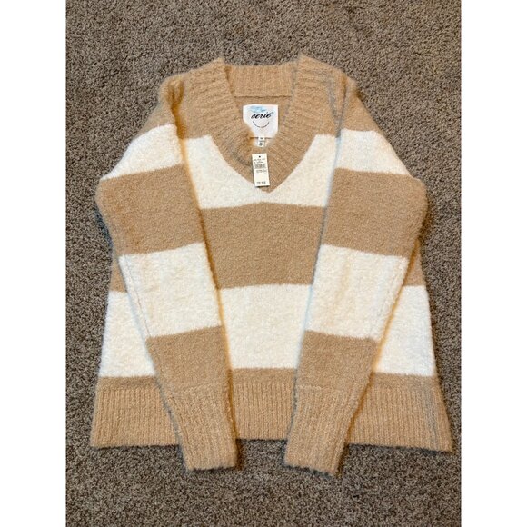 NEW Aerie Teddy Plush Oversized Boucle Wool-Blend Striped Neutral Sweater Cozy - Picture 7 of 10